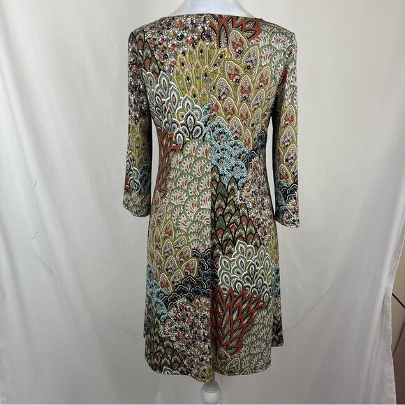 MSK Brown Orange Tan Peacock Print Boho Hippie Festival Dress NWOT Size M - Picture 6 of 13